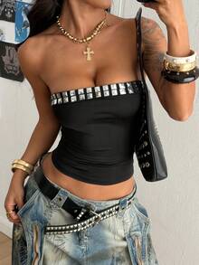 StreetHx 女士黑色针织修身高领水钻装饰吊带背心，夏季 - 黑色 - 查看 7