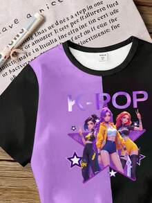 Young Girl Letter & Kpop Graphic Round Neck Short Sleeve Casual Versatile T-Shirt - Multicolor - View 5