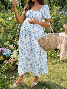 SHEIN Đầm bầu in hoa kiểu dáng thường ngày - Màu xanh lam - Xem 3