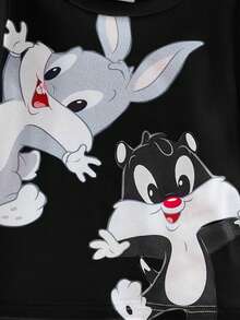 LOONEY TUNES X SHEIN 男婴可爱卡通动物印花长袖T恤和裤子修身睡衣套装 - 黑色 - 查看 5