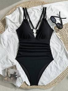 Swim Basics 新款黑色提花针织露背连体衣（女士款） - 黑色 - 查看 4