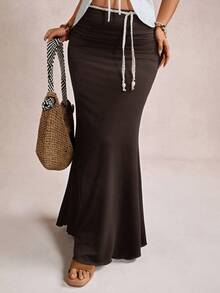 Freevana Plus Size Elegant Romantic Vintage A-Line Maxi Knit Skirt For Party And Gathering, Autumn/Winter - Coffee Brown - View 4