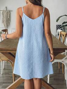 SHEIN VCAY Plus Size Women Plaid Single-Breasted Pocket Loose Strap Casual Dress - Baby Blue - View 2
