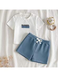 Loomiva Neugeborenes Baby Jungen/Mädchen Blume Muster Weicher Strick Rundhals Kurzarm Top und Elastischer Taille Shorts 2-teiliges Set - Blau-Weiß - Übersicht 7