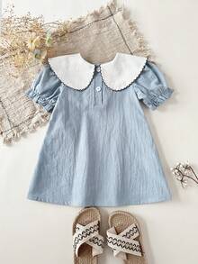 SHEIN Baby Girl Casual Floral Embroidery Peter Pan Collar Bow Decor Summer Dress - Baby Blue - View 2