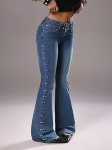 TRNVIE Retro Casual Rivet Decor Low Waist Flare Leg Jeans - Medium Wash - View 4