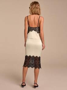 COSMINA 女士蕾丝拼接吊带背心和半身裙两件套，休闲优雅的办公室通勤Y2K风格 - 杏色 - 查看 2