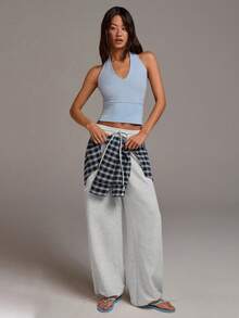 Athîral Women's Casual Fashion Street Plaid Patchwork Drawstring Waist 2 In 1 Long Pants - Grey - View 3