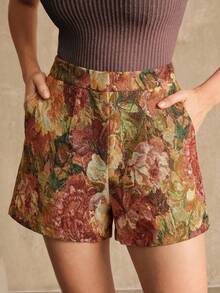 Anewsta Elegant Random Vintage Floral Vacation Countryside Style Cinched Waist Flattering Women's Shorts - Multicolor - View 1