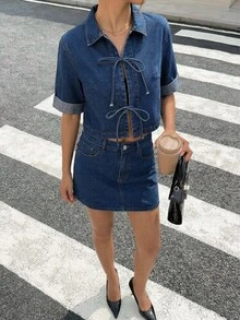 Siren Gaze 女士翻领短袖系带休闲牛仔衬衫 - 深色水洗藍 - 查看 2