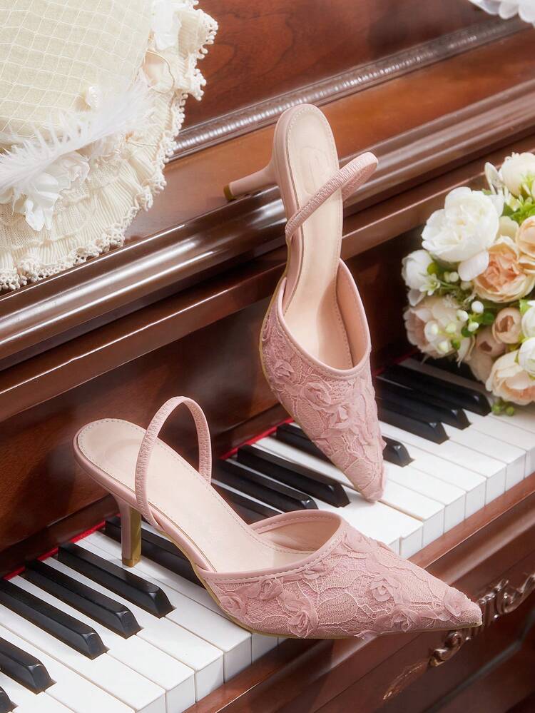 CUCCOO HITCHD New Summer Women's Pointy Toe Floral Embroidered Lace Mid Heel Elegant Romantic Mesh Lace Slip-On High Heels, Ideal For Formal Dress, Wedding, Party, Afternoon Tea, Date Night Elegant Shoes Wedding Shoes