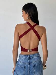 Aloruh 女士性感露背交叉吊带背心，夏季 - 酒紅色 - 查看 6