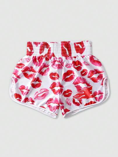 ROMWE MEN Street Life Spring/Summer Valentine 'Sday Casual Graphic Pink Men'S Red Lip Print Boxing Basketball Sports Shorts, Spring/Summer
