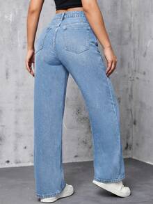 SHEIN EZwear 休闲水洗高腰直筒牛仔裤 - 淺色水洗藍 - 查看 2