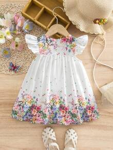 SHEIN Babygirl Elegant Floral Print White Cap Sleeve Dress - White - View 2