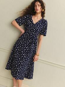 Écloséra Đầm thanh lịch dành cho nữ, đầm kiểu Pháp, đầm hở lưng, đầm chấm bi, đầm phối màu, đầm họa tiết, đầm xuân/hè, đầm chữ A, đầm có chất liệu vải. - Màu xanh hải quân - Xem 5