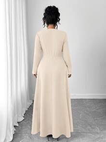 Elenzga Plus Size Elegant Cinched Waist Dress, Minimalist Design, Versatile & Chic, Suitable For Autumn/Winter - Apricot - View 4