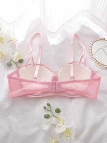 Valentine's Day Heart Embroidery Pink 3/4 Cup Padded Underwire Bra With Coquette Ruffle Bow, Cute & Romantic Gift For Women - Pink - View 2