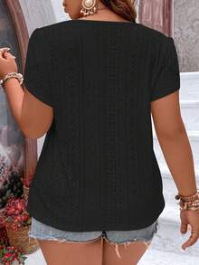 Vionelle 加大码撞色蕾丝花瓣袖T恤图案女式上衣 - 黑色 - 查看 2