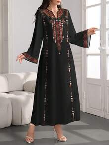 SHEIN Najma Geometric Pattern Digital Print V-Neck Flared Hem Long Sleeve Dress, Elegant Arabic Style Maxi Dress For Spring & Autumn - Multicolor - View 4