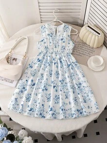 Elladie kids Girls' Elegant Ditsy Floral Sleeveless Waist Cinched Asymmetrical Hem Dress, Suitable For Casual, Vacation, Holiday, Party, Birthday And Other Occasions, Summer Kids Jacquard Dresses Blue Dresses 7 8y Kids Casual Aline Sleeveless Dresses Kids Frocks Blue Floral Dress Girls Girls Jacquard Dresses - Blue - View 2