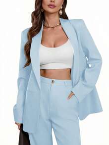 Aveloria Modichic Women's Minimalist Elegant Commuter Shawl Collar Double-Breasted Blazer - Baby Blue - View 5