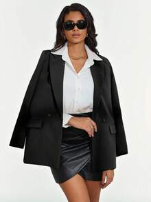 Aveloria Modichic Solid Long Sleeves Casual Double Breasted Lapel Neck Blazer  - Black - View 3