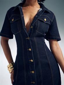 Denimoi Women's Turndown Collar Single-Breasted Front Closure Fashionable Versatile Vacation Short Sleeve Denim Dress - Dark Wash - View 2