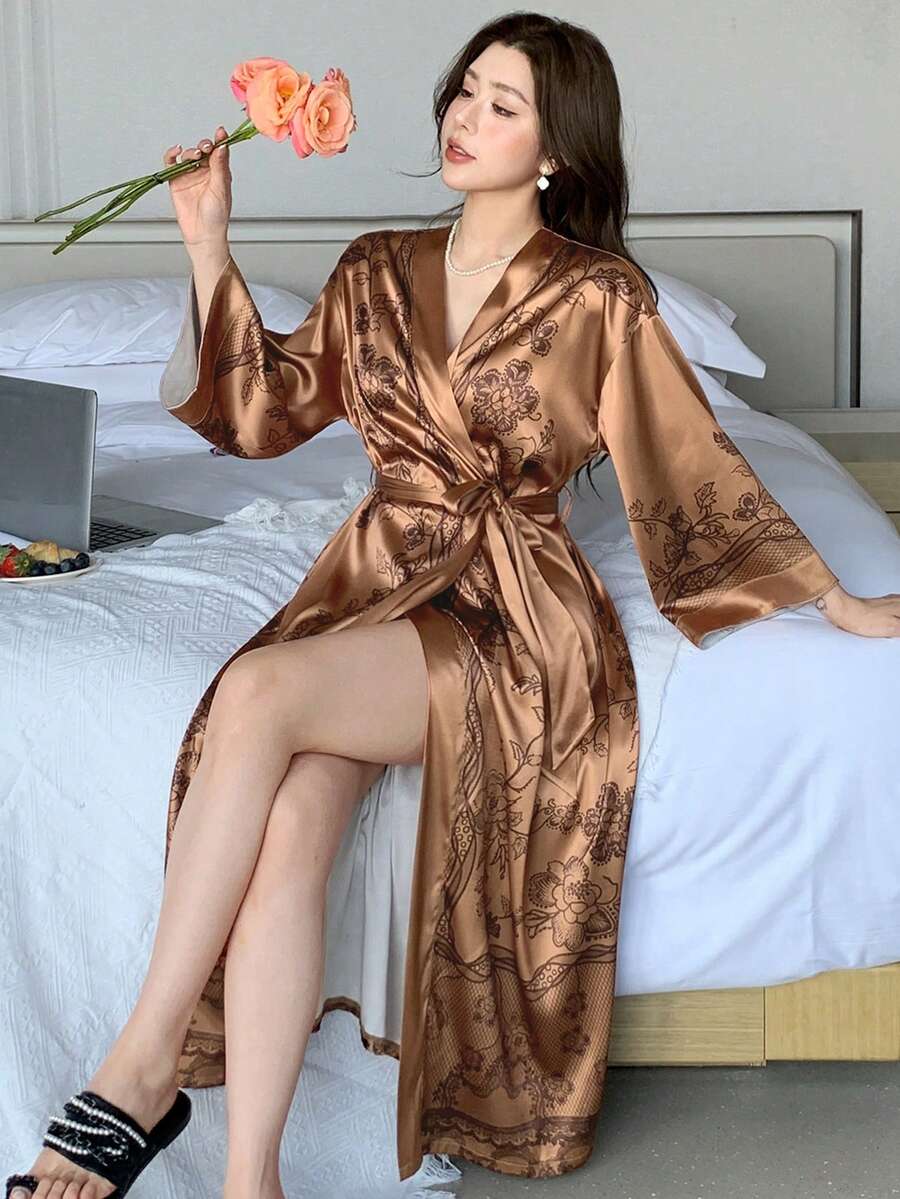 DAZY Women's Casual Printed Waist Tie Robe - Apricot - View 1