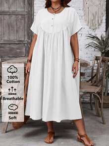 EMERY ROSE Plus Size Women's Solid Color Round Neck Short Sleeve Button Half Placket Casual Loose Dress - White - View 3