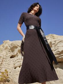 Dazy-Less Women's Western Style Round Neck Short Sleeve Casual Knit Dress - Brown - View 4