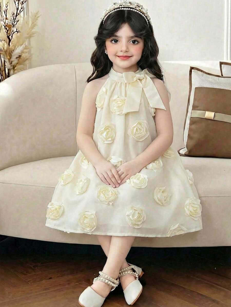 Young Girl's Stand Collar Mesh Floral Casual Loose Halter Dress - Apricot - View 1