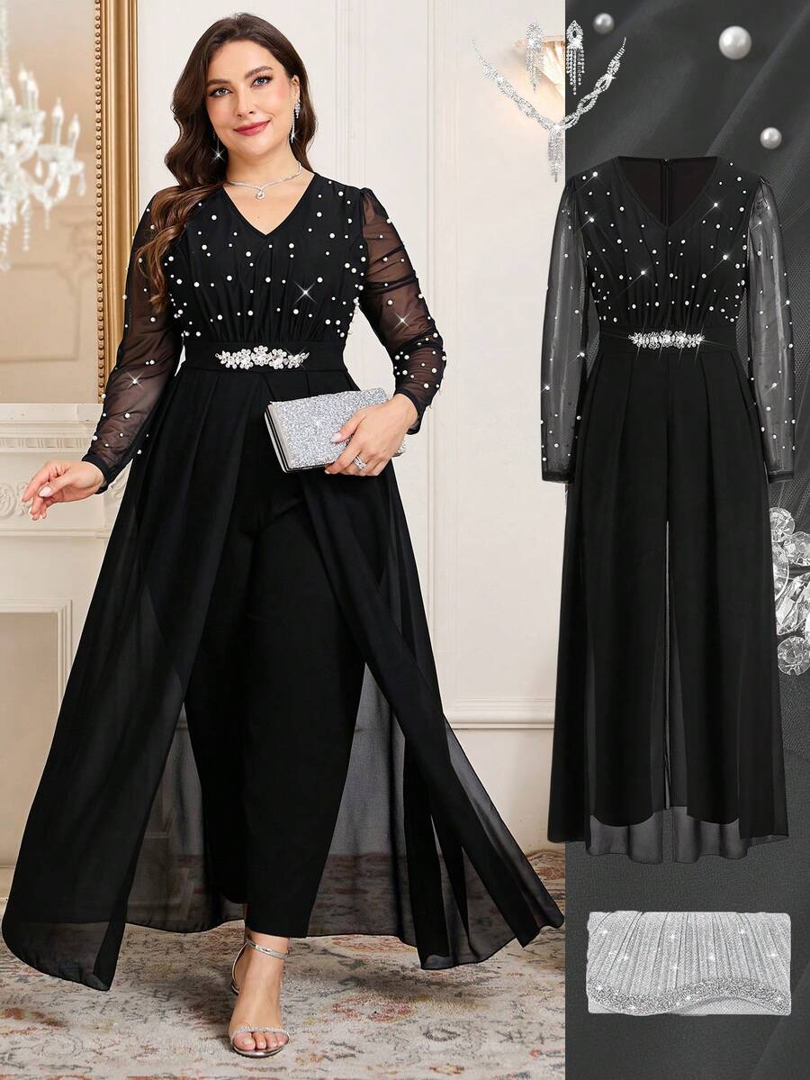 Ellevyn Bộ jumpsuit dài tay cổ chữ V dáng thanh lịch dành cho người có thân hình đầy đặn, phối lưới.