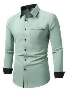 Manfinity Mode Men's Contrast Color Long Sleeve Single-Breasted Pocket Casual Shirt, Formal - Army Green - View 3