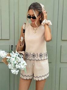 Serisse 女士夏季度假花卉刺绣圆领背心和短裤两件套 - 杏色 - 查看 6