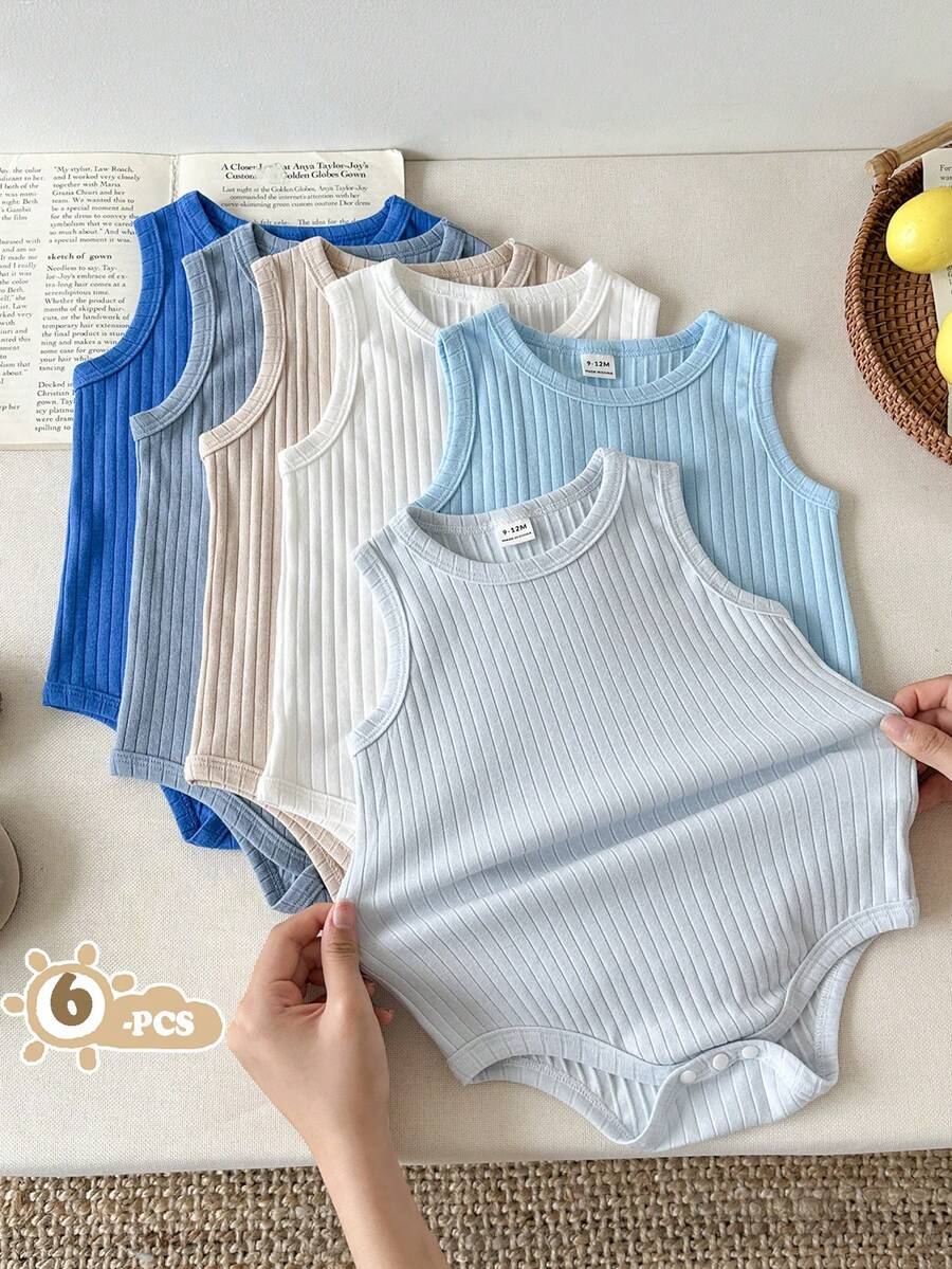 SHEIN Vintaside Kids 男婴夏季多色无袖连体衣六件套,涵盖黑色、白色、灰色、深杏色、浅蓝色、浅卡其色等经典颜色,多种颜色满足不同搭配需求,简约休闲舒适,穿着方便。易于穿脱,适合居家休闲、运动、公园散步、幼儿、派对等各种场合。 - 彩色 - 查看 1