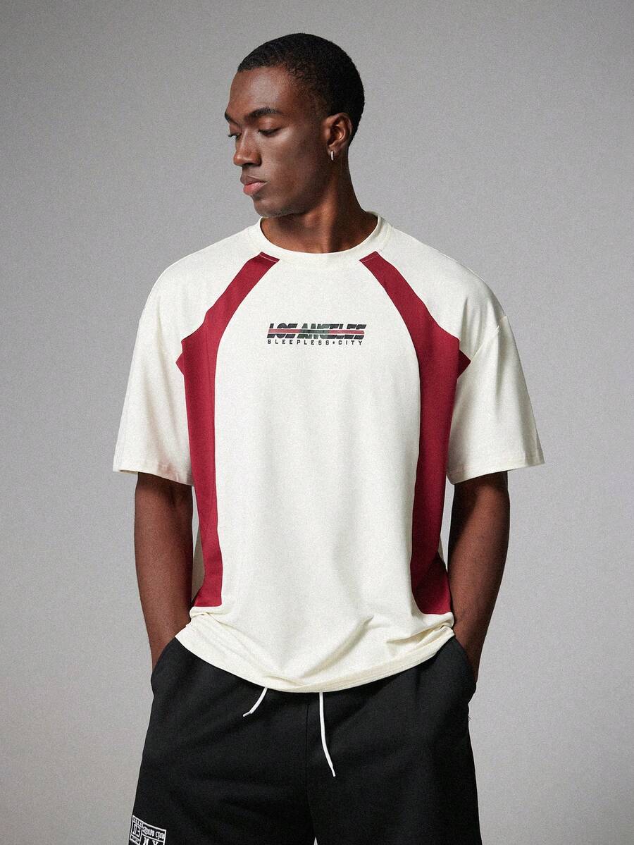 STYNVO Men's Off-White Summer Streetwear City Break Oversized T-Shirt,Comfortable Round Neck Short Sleeve Thick Letter Printed Colorblock Graphic Tee - Multicolor - View 1