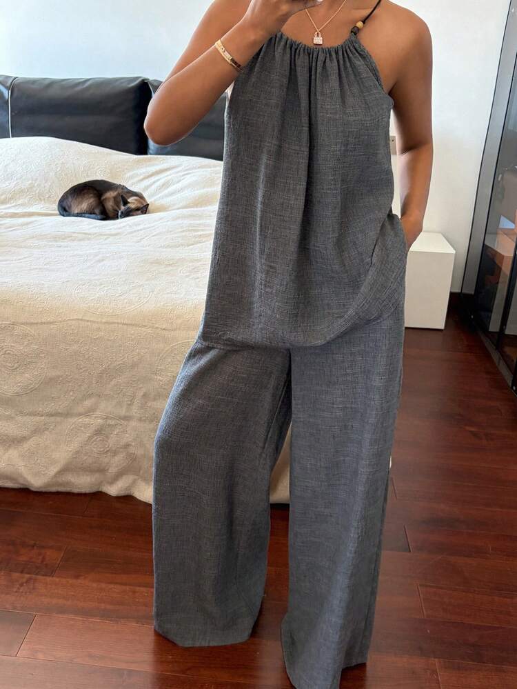 Women's Solid Color Minimalist Sleeveless Top And Pants 2 Pieces Set