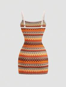 Sweetra 女士橙色编织波浪条纹吊带连衣裙，修身剪裁，性感欧式风格，浪漫度假之选 - 橘色 - 查看 2