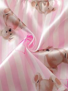 女童条纹小熊印花仿丝吊带背心和短裤两件套睡衣套装 - 彩色 - 查看 6