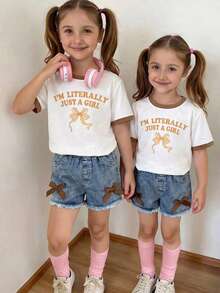 Elladie kids 女童休闲甜美日常圆领短袖露脐蝴蝶结印花T恤和松紧腰蝴蝶结牛仔短裤套装 - 杏色 - 查看 5