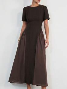Aveloria Modichic Coffee Brown Summer Elegant Dining Midi Dress,Herringbone Patchwork Chiffon Round Neck Short Sleeve A-Line Waist Pleated Minimalist Vintage Commuting - Coffee - View 5