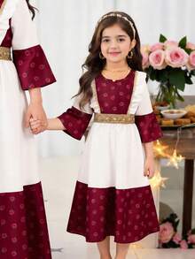 Young Girls' Middle Eastern Style Digital Print Patchwork White Woven Fabric Dress, Elegant & Cute For Professional, Religious, Holiday, Everyday Wear, Spring/Summer/Autumn/Winter New Floral Pattern Sisterwear - Red - View 1