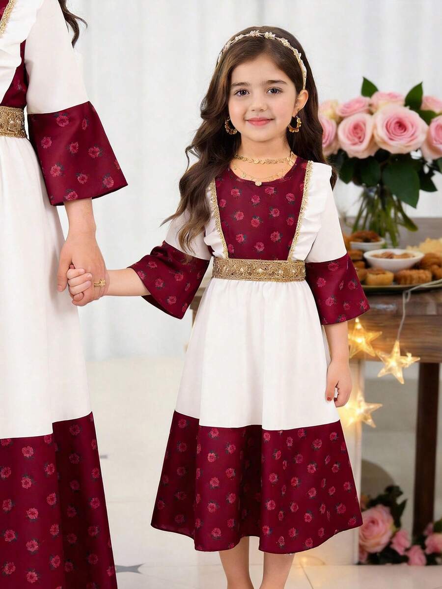 Young Girls' Middle Eastern Style Digital Print Patchwork White Woven Fabric Dress, Elegant & Cute For Professional, Religious, Holiday, Everyday Wear, Spring/Summer/Autumn/Winter New Floral Pattern Sisterwear - Red - View 1