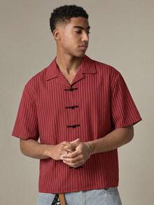 SWAVVY Men's Lapel Neck Button Front Short Sleeve Casual Horse Print Shirt,Chinese New Year,Comfortable Button-Up Shirt, Suitable For Fashionable Youth And Asian Culture Enthusiasts Couple Twinning Outfits Horse Print Shirt Couple Outfits Sets Red Casual   Shirts Red Horse Print Shirt - Red - View 4