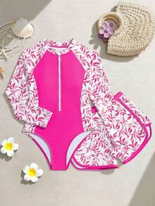 全新时尚女童可爱印花连体泳衣 - 玫紅色 - 查看 4