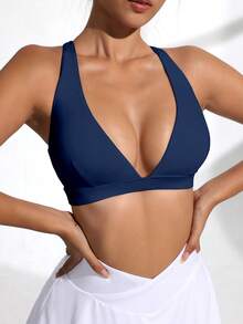 Slayform Slayform Sujetador deportivo minimalista de unicolor y cuello en V - Azul Marino - Ver 6