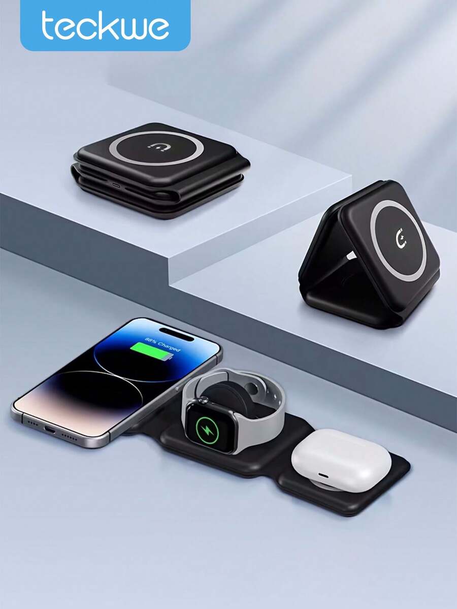 Teckwe 三合一无线充电站，兼容苹果 MagSafe 充电支架，适用于 17/Air/16/15/14/13/12 系列的快速磁吸式无线充电站 - 彩色 - 查看 1
