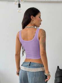 Coolane Women's Summer Concert Rave Festival Going Out Renaissance Basic Music Festival Fair Club Sexy Y2K Rib Knit Purple Notched Collar Truncated Tank Top - Purple - View 7