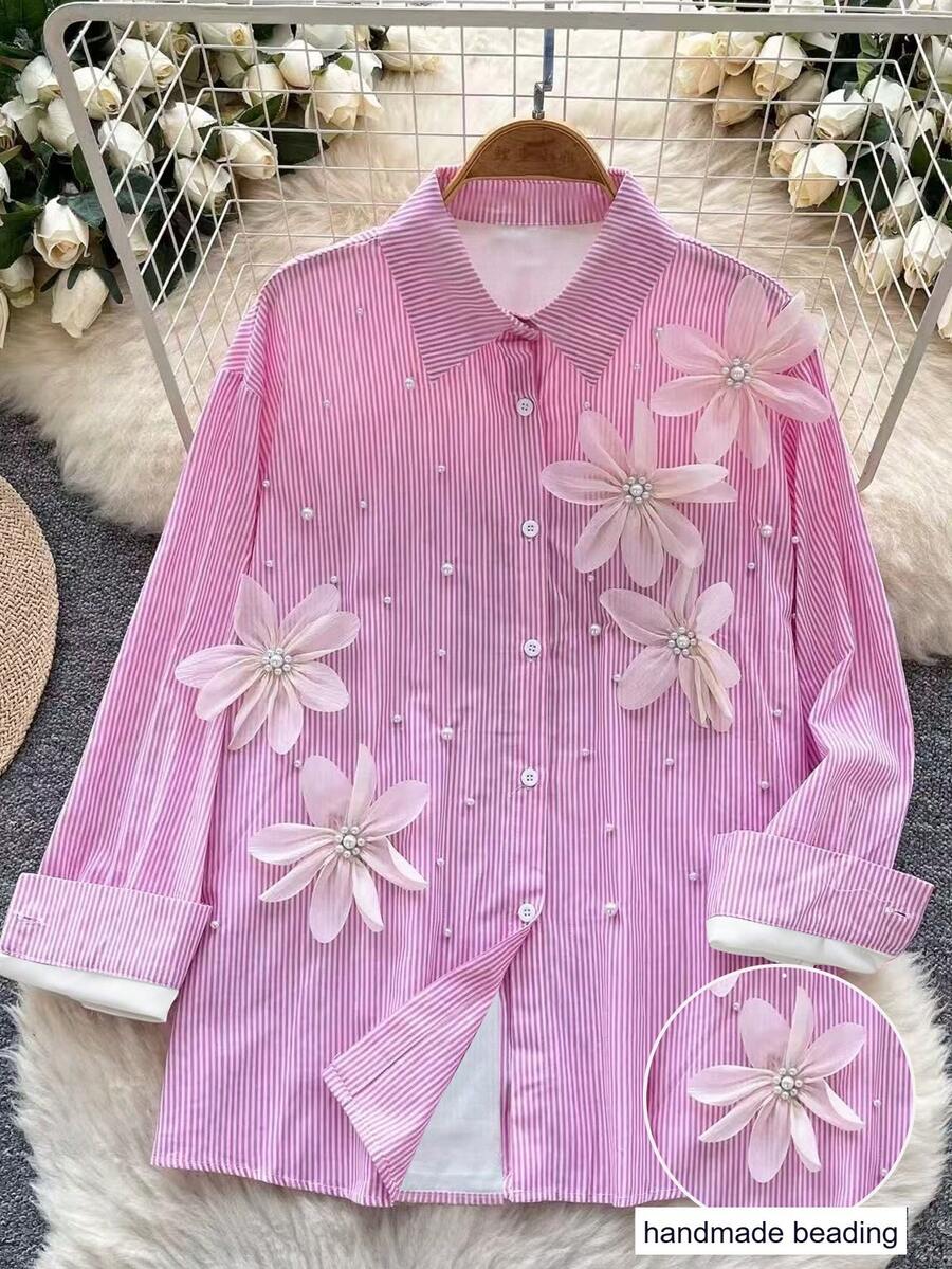 Franclia Áo kiểu nữ thanh lịch kẻ sọc hoa đính cườm - Nhiều màu - Xem 1